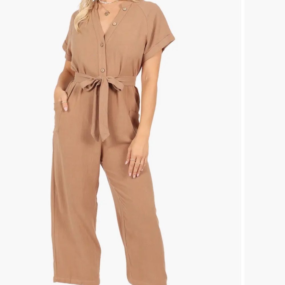 Petal & Pup Archie Mocha Linen Belted Jumpsuit